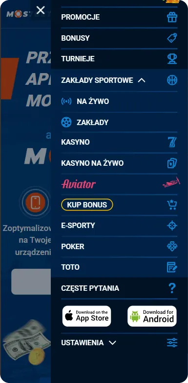 Menu na Mostbet